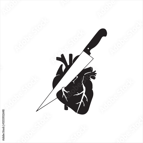 Anatomical Heart with Knife Vector Illustration,Black and White Heart Stabbed by Knife Design,Tattoo Style Heart and Knife Icon,Realistic Human Heart with Knife Drawing,Emotional Heart