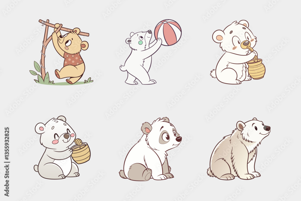 Obraz premium Cute Bear vector collection, cute Bear playing, cute Bear eating isolated on white background.