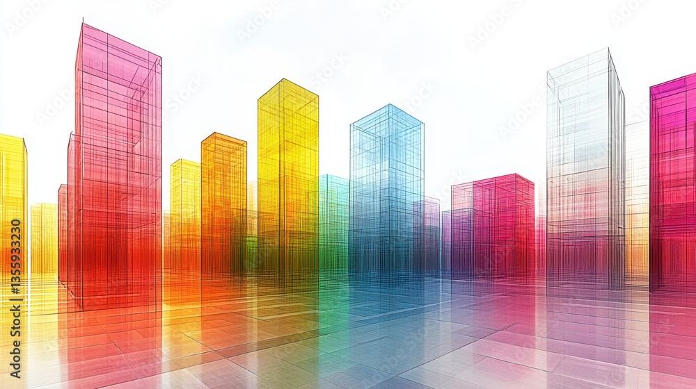 Vibrant Transparent Cityscape with Colorful Architectural Structures Vibrant Transparent Cityscape with Colorful Architectural Structures