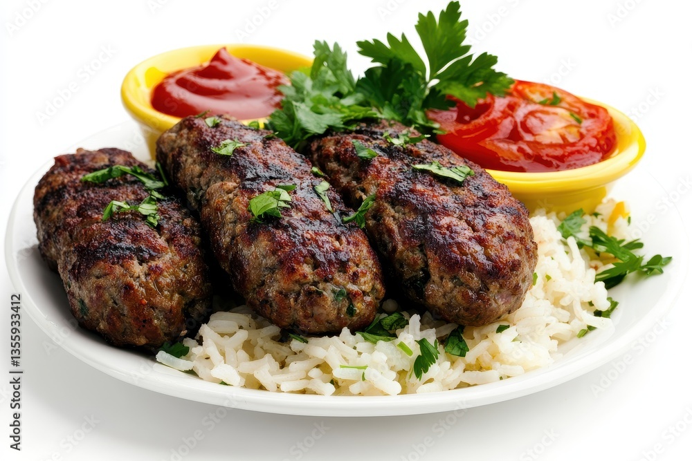Grilled Meat Patties Served with Rice and Fresh Vegetables on a White Plate Grilled Meat Patties Served with Rice and Fresh Vegetables on a White Plate