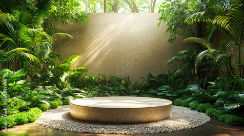 Minimal Zen Pedestal in Tropical Garden with Sunlight Wallpaper Background

