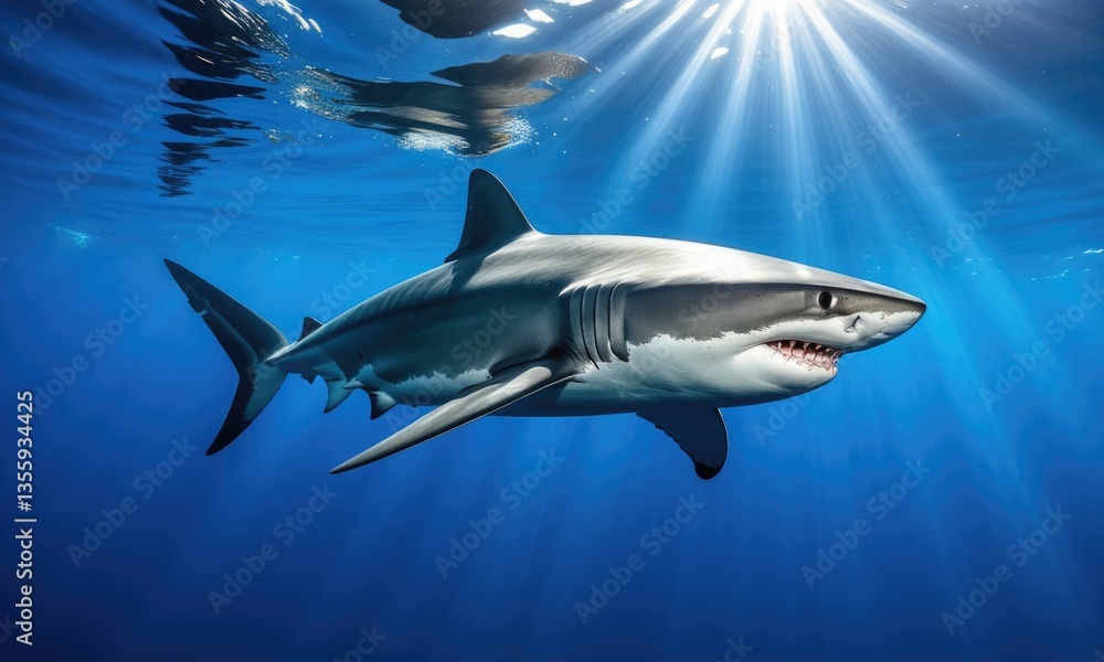Obraz premium Great white shark swimming underwater with sunbeams in ocean
