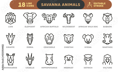 Savanna geometric animal heads icon set. Thin line editable stroke icons. Safari, African wildlife animals