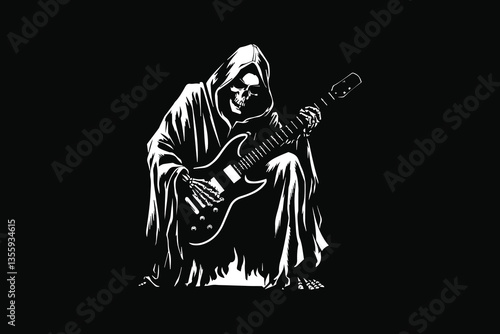 skeleton playing guitar  Black and White Vector