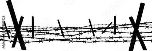 Silhouette of barbed wire and wooden stake on the ground. trench war elements vector background.
vector set