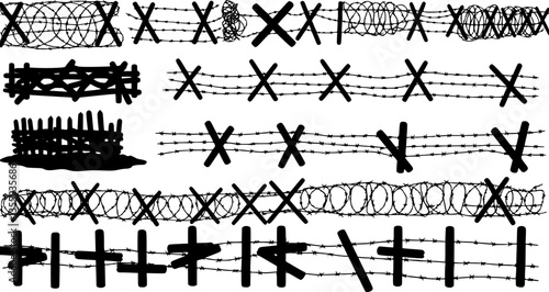 Silhouette of barbed wire and wooden stake on the ground. trench war elements vector background.
vector set