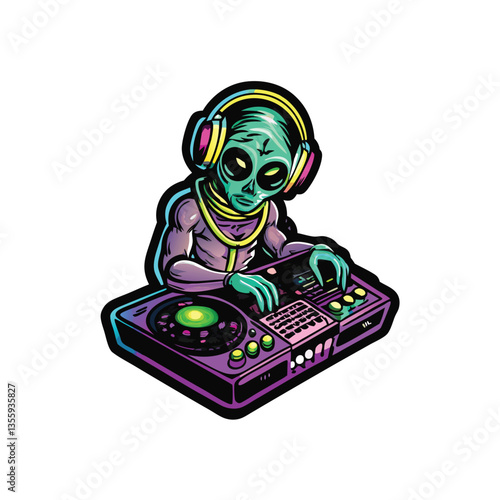 A vibrant alien DJ spins cosmic beats in a futuristic, nebula-lit dance club, surrounded by ecstatic alien revelers.