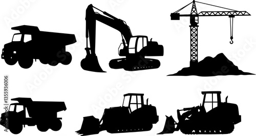 Set of silhouette of heavy construction vehicle. black and white icon truck. vector vset
