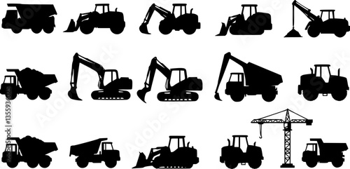 Set of silhouette of heavy construction vehicle. black and white icon truck. vector vset