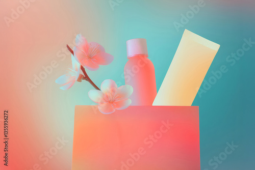An elegant display showcasing a curated collection of skincare products nestled among pink flowers in a chic pink bag