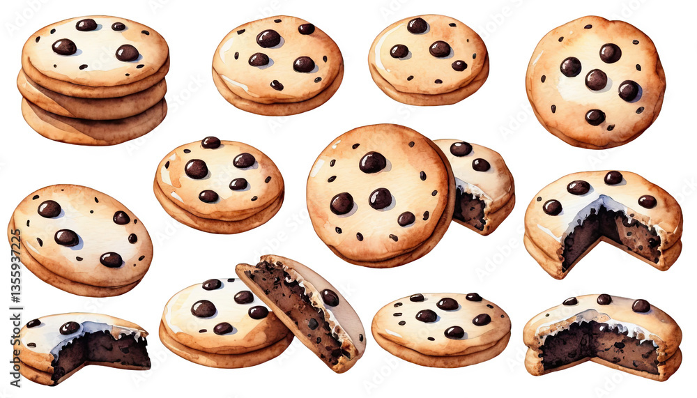 Obraz premium Collection of Delicious Chocolate Chip Cookies on White Background