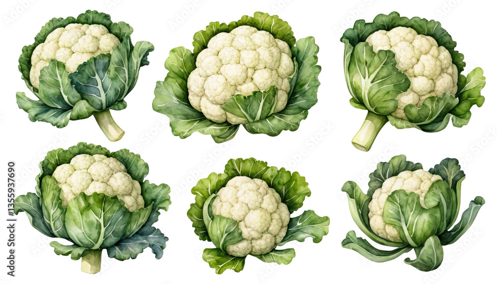 Collection of Watercolor Cauliflowers with Green Leaves on Transparent Background Collection of Watercolor Cauliflowers with Green Leaves on Transparent Background