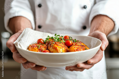 Chef Holding Plate of Grilled Chicken with Fresh Herbs and Cherry Tomatoes