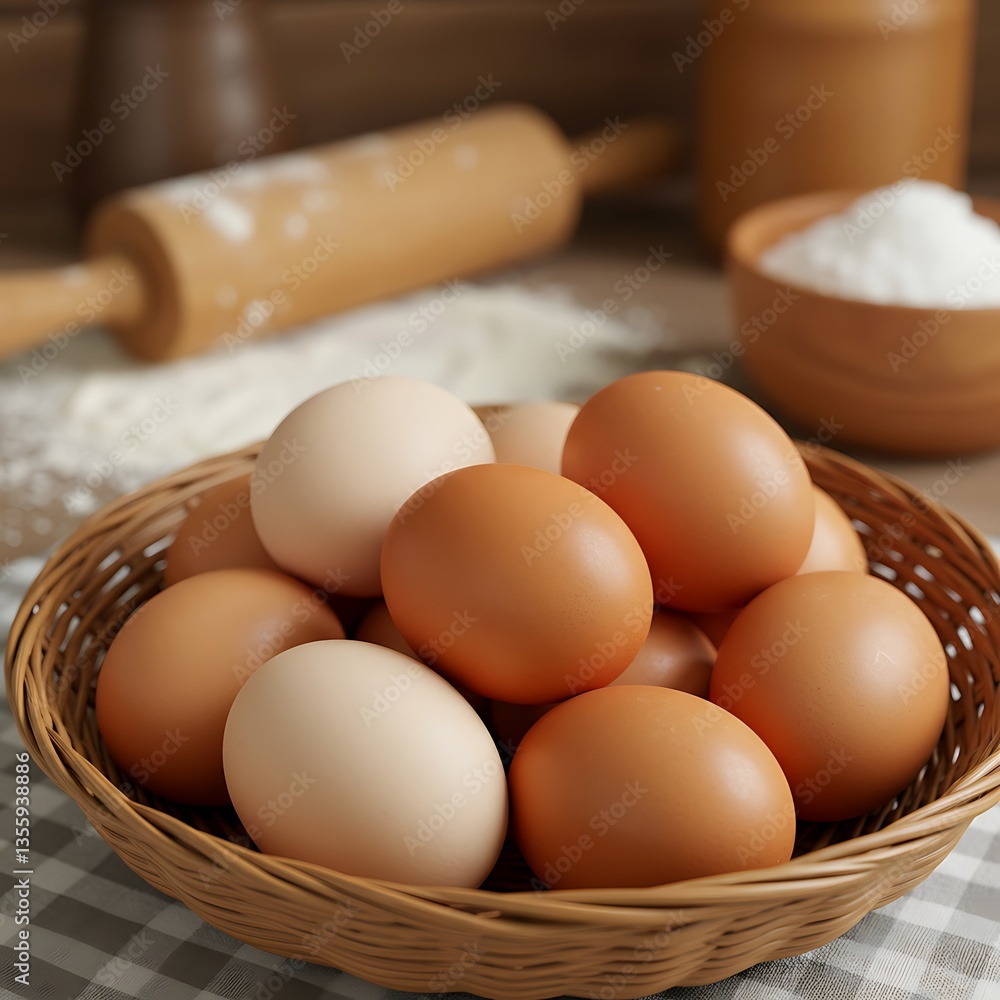 Rustic Brown Eggs in Woven Basket: A Warm Kitchen Still Life Rustic Brown Eggs in Woven Basket: A Warm Kitchen Still Life