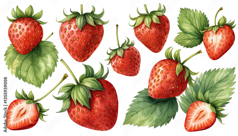 Red Strawberries and Green Leaves Watercolor Illustration on Transparent Background Red Strawberries and Green Leaves Watercolor Illustration on Transparent Background