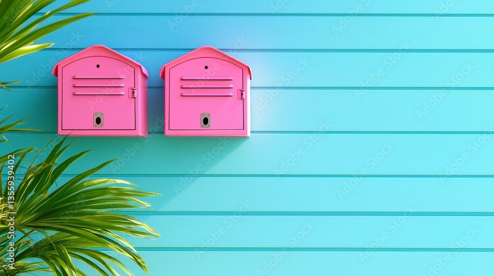 Pink Mailboxes on Light Blue Wooden Wall with Palm Fronds Pink Mailboxes on Light Blue Wooden Wall with Palm Fronds