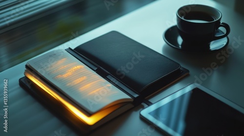 Wallpaper Mural A still life of study. Open book, notebook, cup of coffee, and tablet Torontodigital.ca