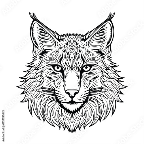 A detailed black and white symmetrical illustration of a lynx head with tufted ears, looking directly forward on a white background.