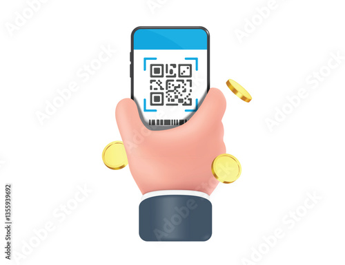 Right hand is holding mobile phone or smart phone and raising it to scan and pay for online purchases or shopping, vector 3d illustration minimal style for online wallet payments advertising