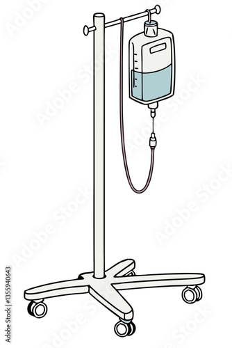 An IV drip bag connected to a medical stand, used for patient hydration, isolated on white background.
