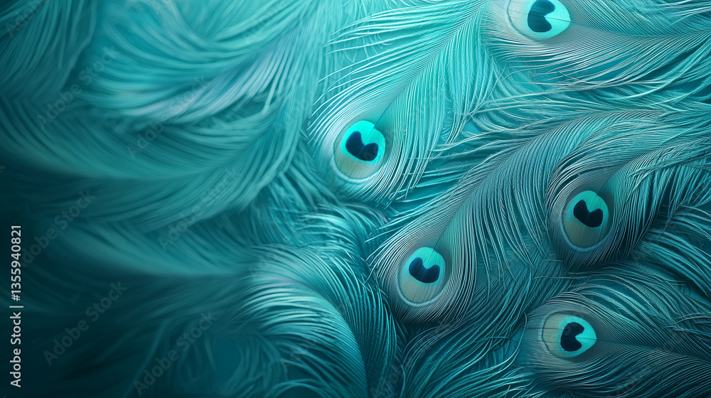 Obraz premium Peacock's Turquoise Majesty: A mesmerizing close-up reveals the intricate beauty of peacock feathers, dyed in a vibrant turquoise, showcasing the iridescence and textured details.