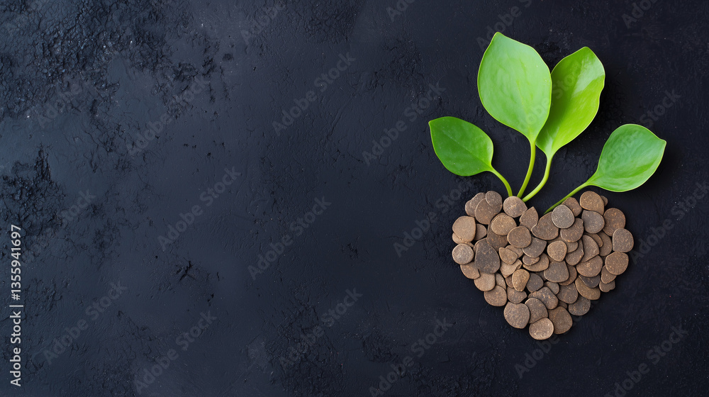 Naklejka premium Love for nature: A symbol of growth and environmental commitment, a young plant emerges from a heart-shaped arrangement of stones, set against a textured, dark background.
