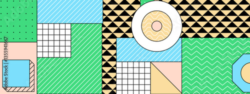 colorful abstract composition featuring geometric shapes and various patterns dynamic design memphis vector illustration