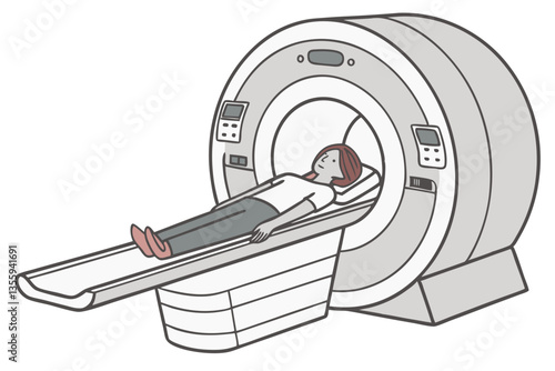 An MRI scanner with a patient lying inside the machine, isolated on white background.
