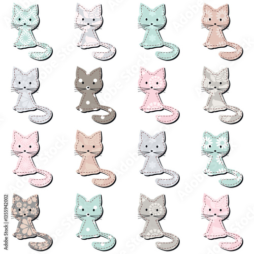 Nice cute textile scrapbook cats on white	 background isolated vector illustration