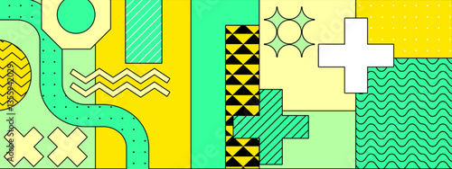 bright abstract design with memphis geometric shapes and patterns in green and yellow tones vector illustration