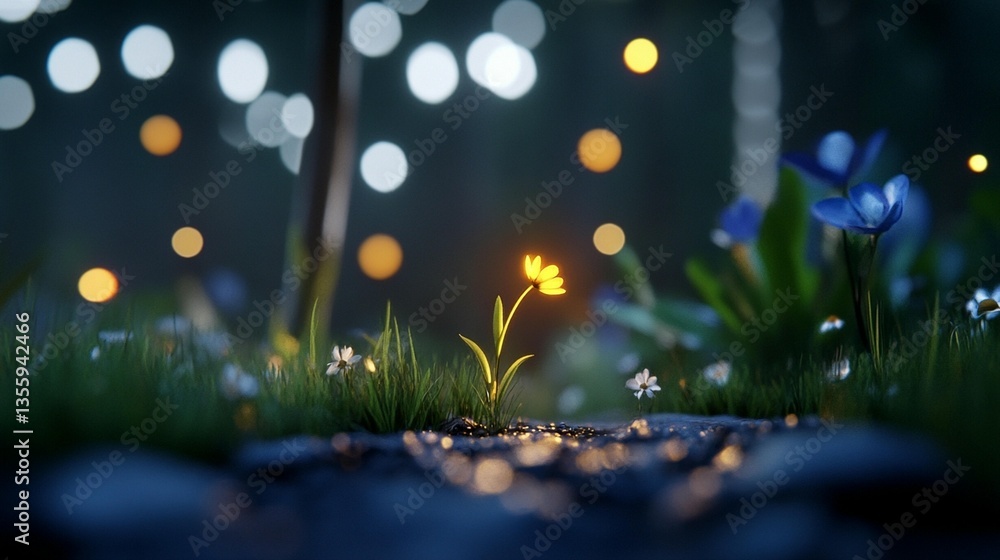Obraz premium Glowing flower in dark forest with bokeh lights.