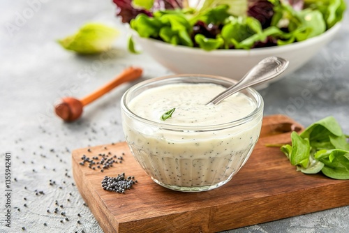 Poppy seed salad dressing or sauce in a glass dish with green salad leaves in the background