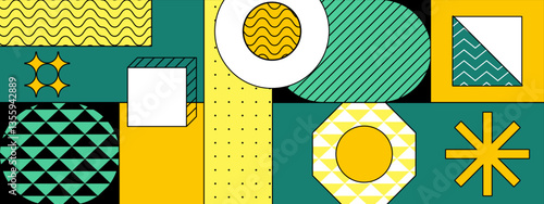 colorful abstract composition featuring geometric shapes and various patterns dynamic design memphis vector illustration