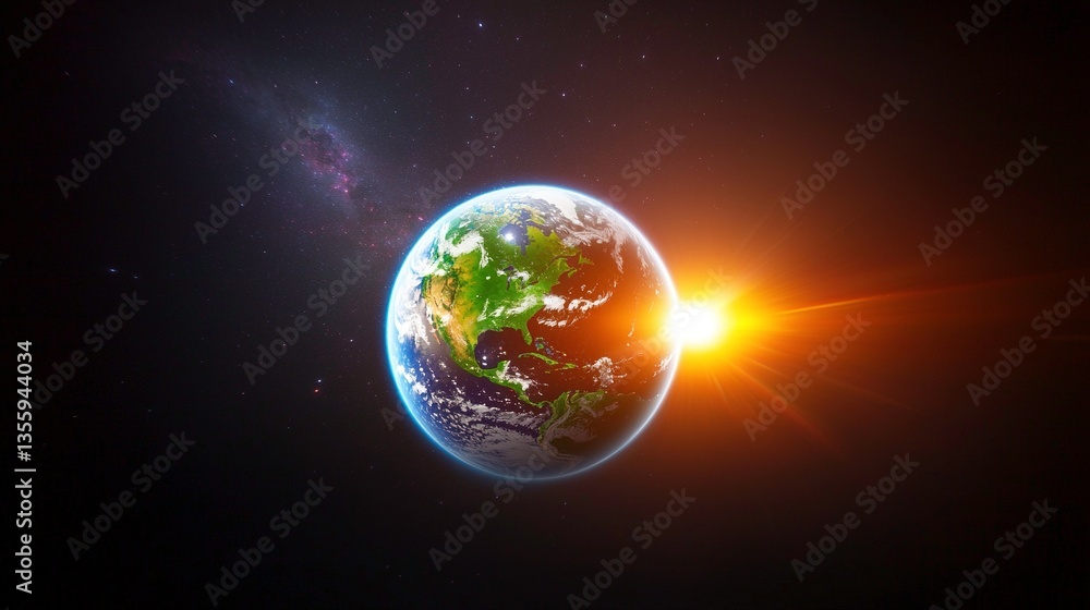 Sunrise over Earth, seen from space, showcasing continents and atmosphere Sunrise over Earth, seen from space, showcasing continents and atmosphere