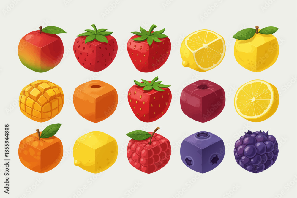 Fototapeta premium Cube-Shaped and Realistic Fruits Collection in Vector Art