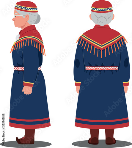 Elderly woman wearing traditional Sami clothing, showcasing detailed patterns and colors in a flat vector illustration