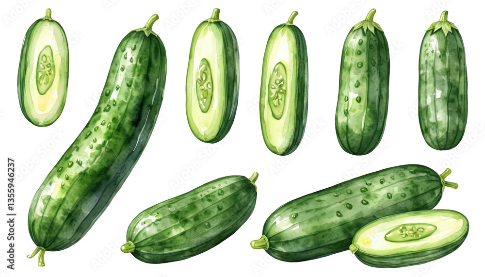 Watercolor Painting of Cucumbers Whole and Sliced Green Cucumbers on Transparent Background Watercolor Painting of Cucumbers Whole and Sliced Green Cucumbers on Transparent Background