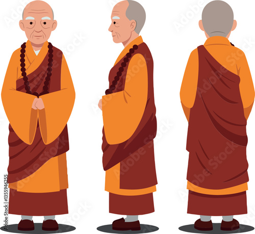 Three-dimensional depiction of a serene monk wearing orange and brown robes in a flat vector illustration showcasing peaceful expressions and traditional attire