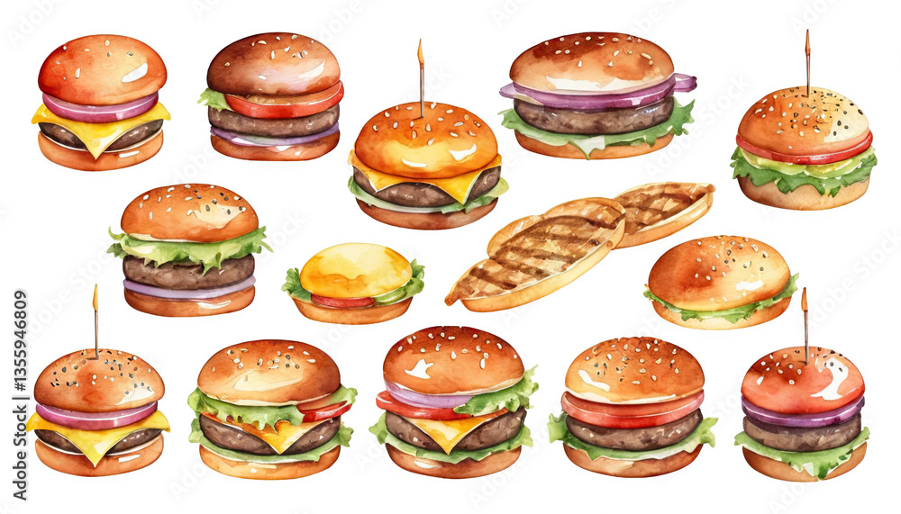 Watercolor Painting of Juicy Hamburgers with Sesame Buns and Toppings Watercolor Painting of Juicy Hamburgers with Sesame Buns and Toppings