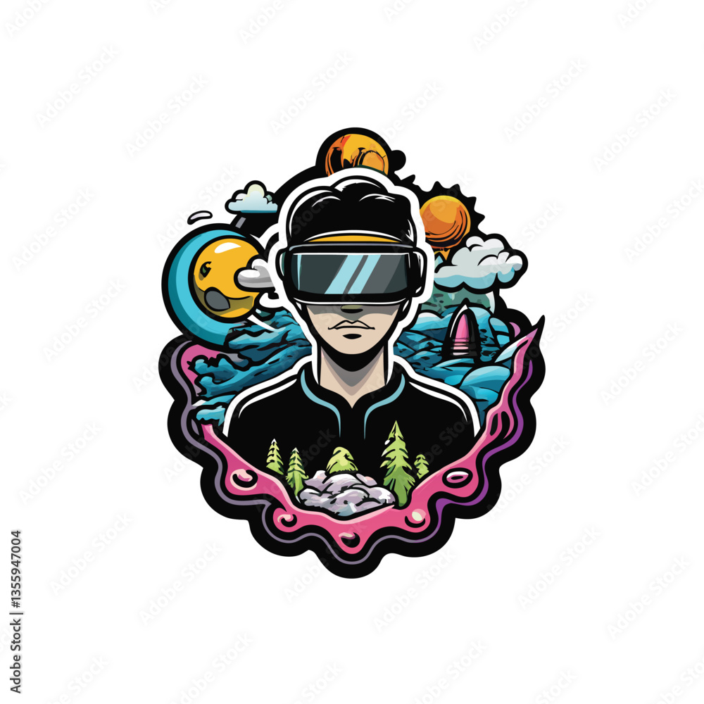 A person immersed in a VR headset, digitally surrounded by eight glowing, abstract geometric shapes. High detail, realistic rendering. A person immersed in a VR headset, digitally surrounded by eight glowing, abstract geometric shapes. High detail, realistic rendering.