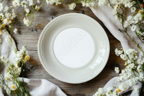 Elegant empty plate surrounded by flowers on rustic wood
