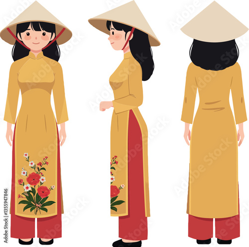 Young woman in traditional Vietnamese ao dai dress with floral patterns, wearing a conical hat in a flat vector illustration