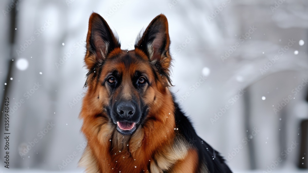 A German Shepherd posing in a snowy winter landscape. A German Shepherd posing in a snowy winter landscape.