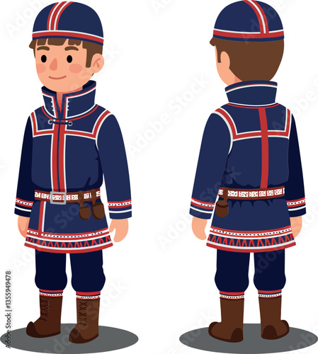 Young man in traditional Sami attire, showcasing a flat design style, standing in profile and three-quarter views, depicted in vibrant colors, vector illustration