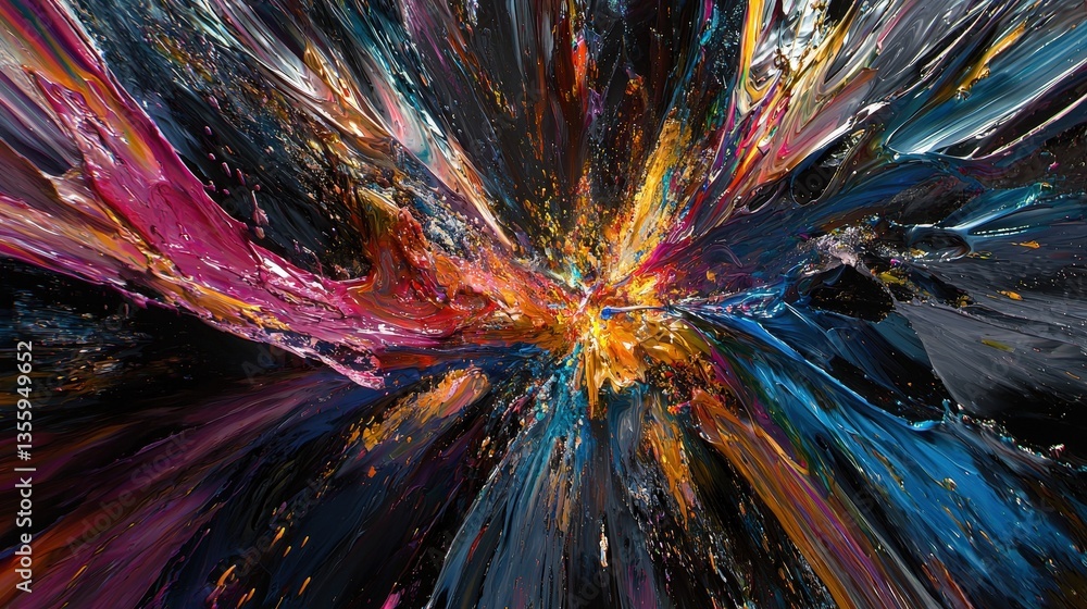 Fototapeta premium Colorful Abstract Explosion of Paint from Center in Dark Background