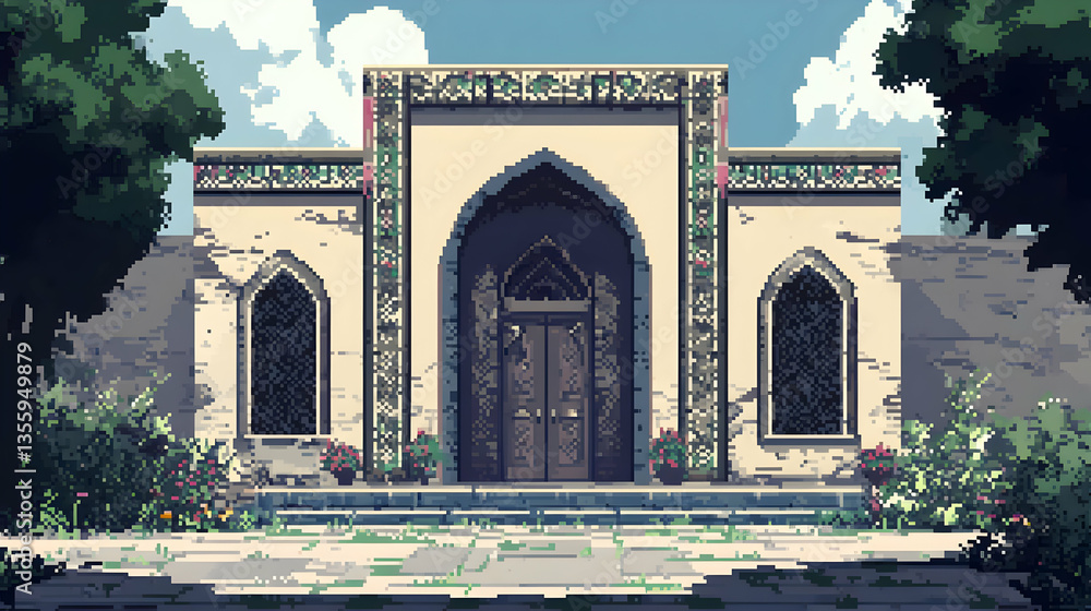 Obraz premium Pixelated Islamic Building Facade With Ornate Details
