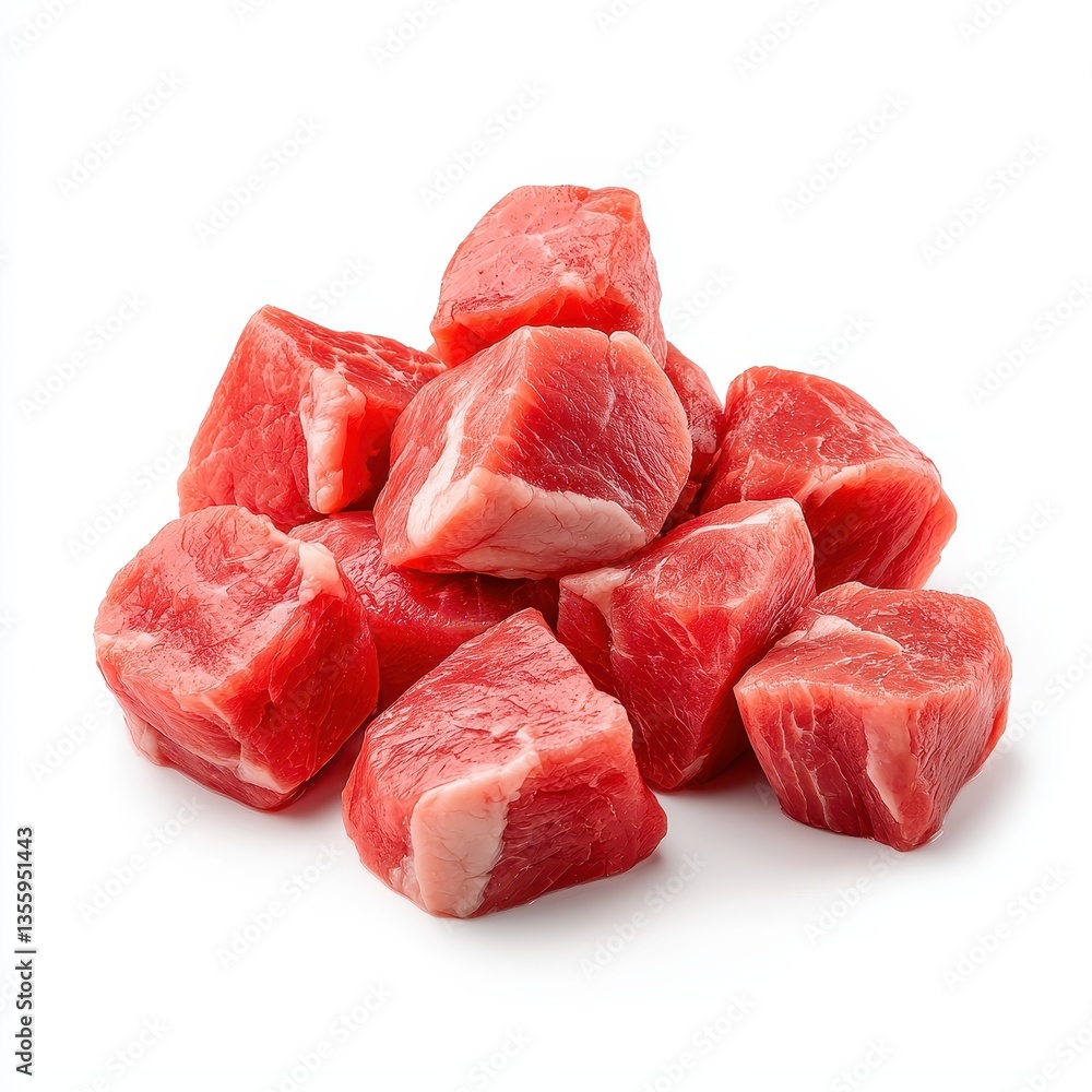 Fresh cuts of raw beef stacked neatly on a white background. Fresh cuts of raw beef stacked neatly on a white background.