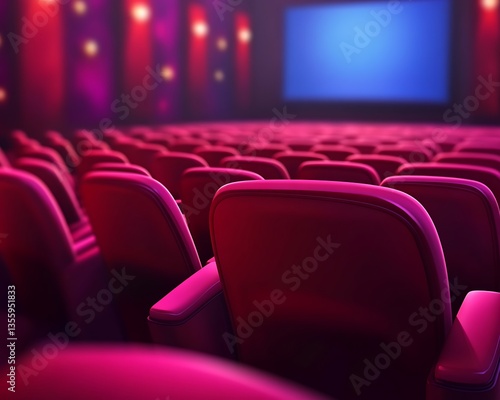 Red cinema seats facing a blank screen in a theater hall