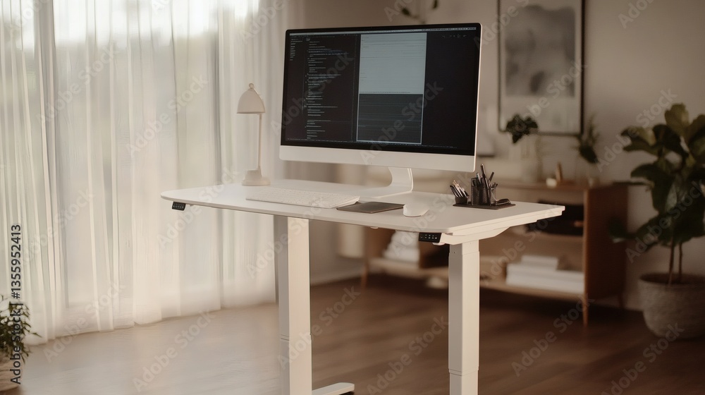Minimalist Home Office Setup Featuring an Adjustable Standing Desk and Modern Decor Minimalist Home Office Setup Featuring an Adjustable Standing Desk and Modern Decor