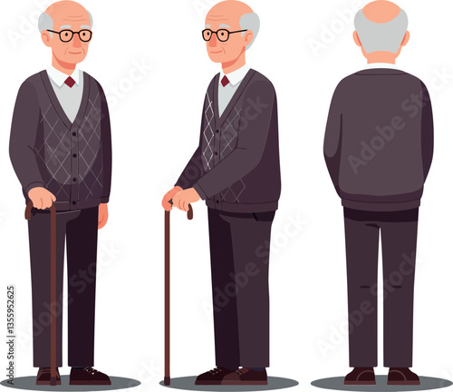 Elderly man with glasses and cane in three poses, showcasing a flat design style, illustrated as vector art